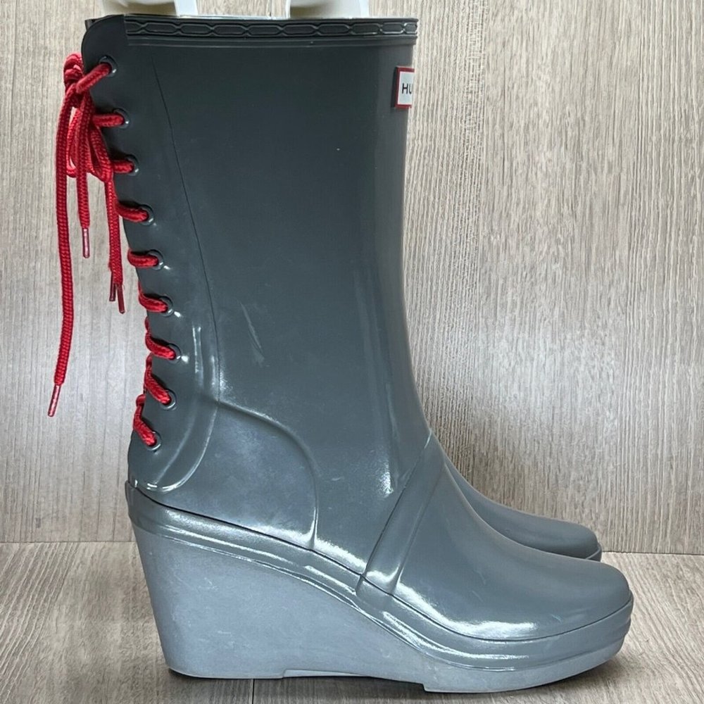 Hunter Rain Boots Womens Size 7 Verbier Tall Lace Up Detail Wedge Rubber Gray